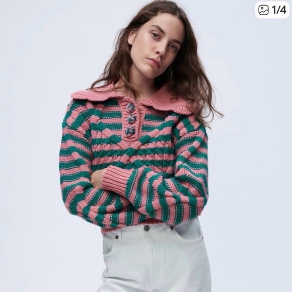 Zara Pink and Teal Striped Cowl Neck Sweater - Picture 2 of 8